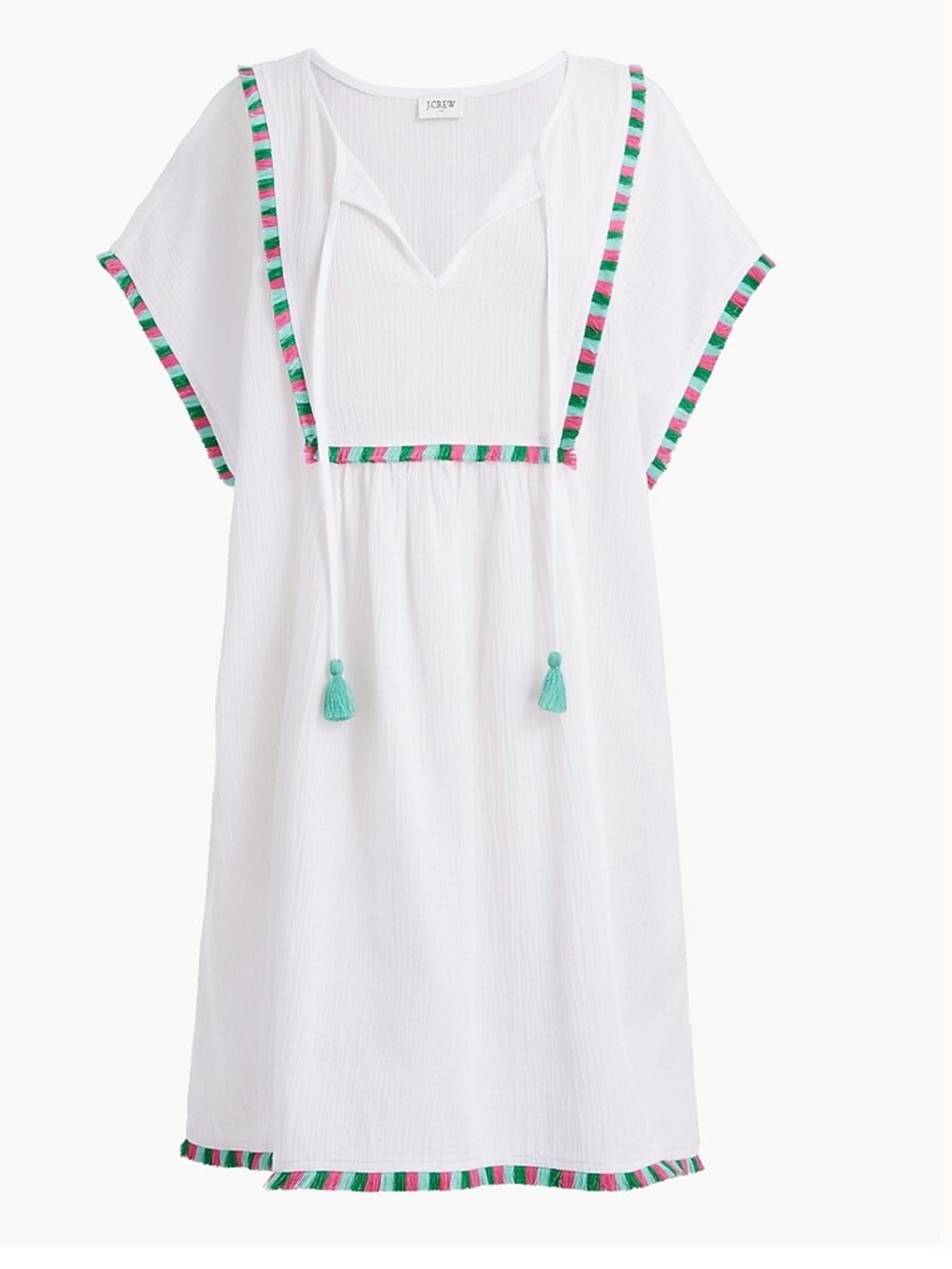 J. Crew White Fringe Tunic with Pink and Green Trim